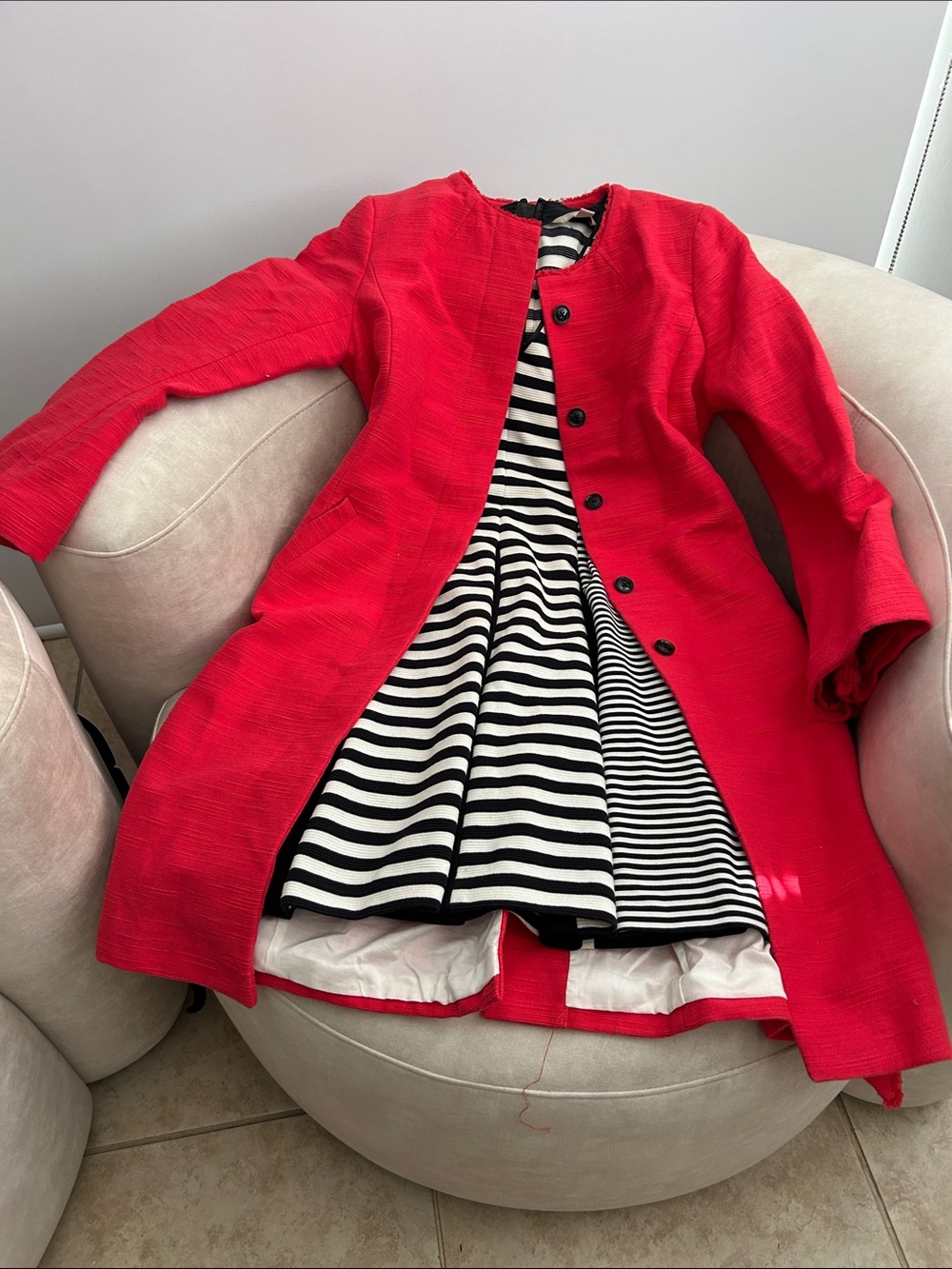 Banana Republic Red Midi Dress Coat with Black & White Striped Lining